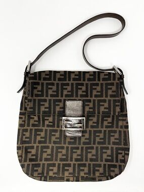 Vintage Fendi Zucca FF Logo Monogram Canvas Flap Shoulder Bag Brown Tan Black